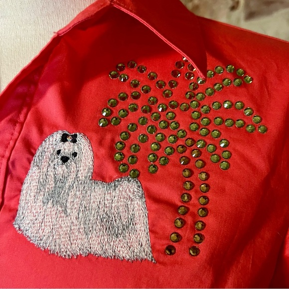 Vintage Coral Shirt with Dog and Palm Tree Embroidery -Size S -TP43 - Picture 3 of 9